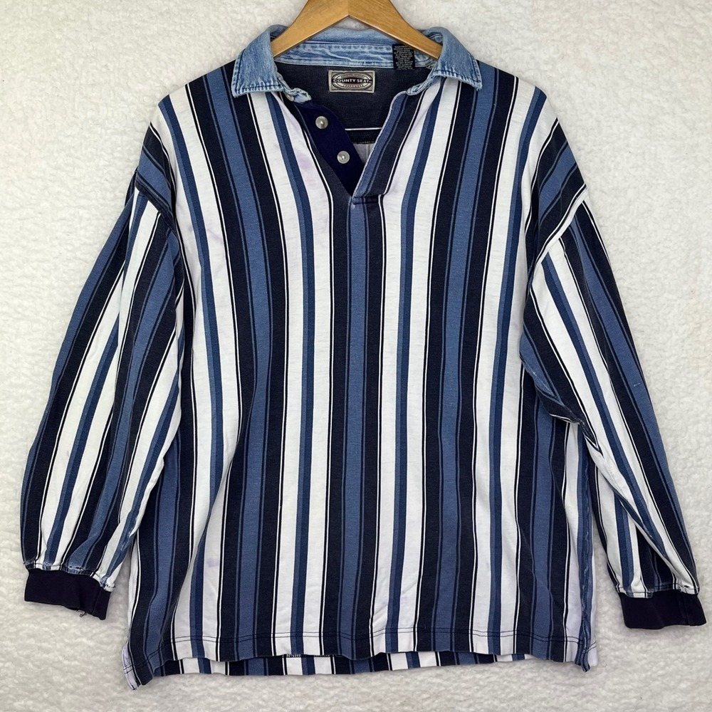 Vintage County Seat Mens Blue Striped Rugby Shirt Denim Collar Long Sleeve M 90s